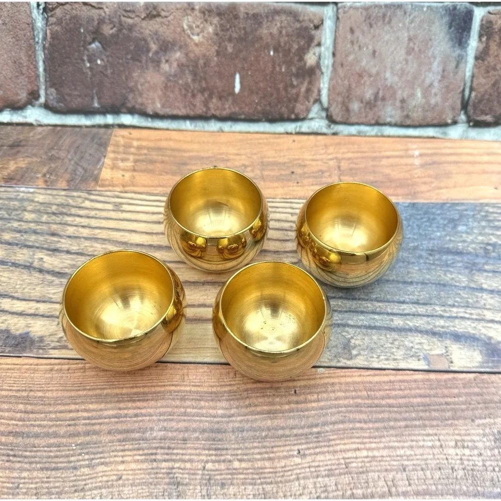 Vintage Korean SOJU Shot Glass 24K Gold Plated Set‎ of 4 Stainless Steel Sake